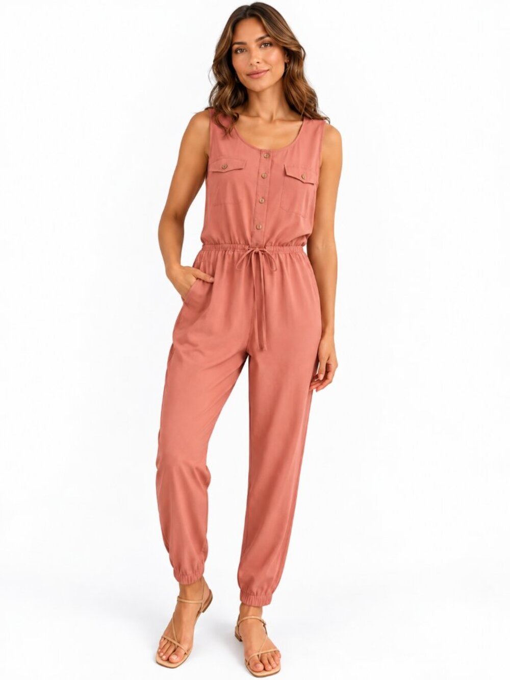Ci Sono Women's Dusty Rose Sleeveless Utility Jogger Jumpsuit, M
